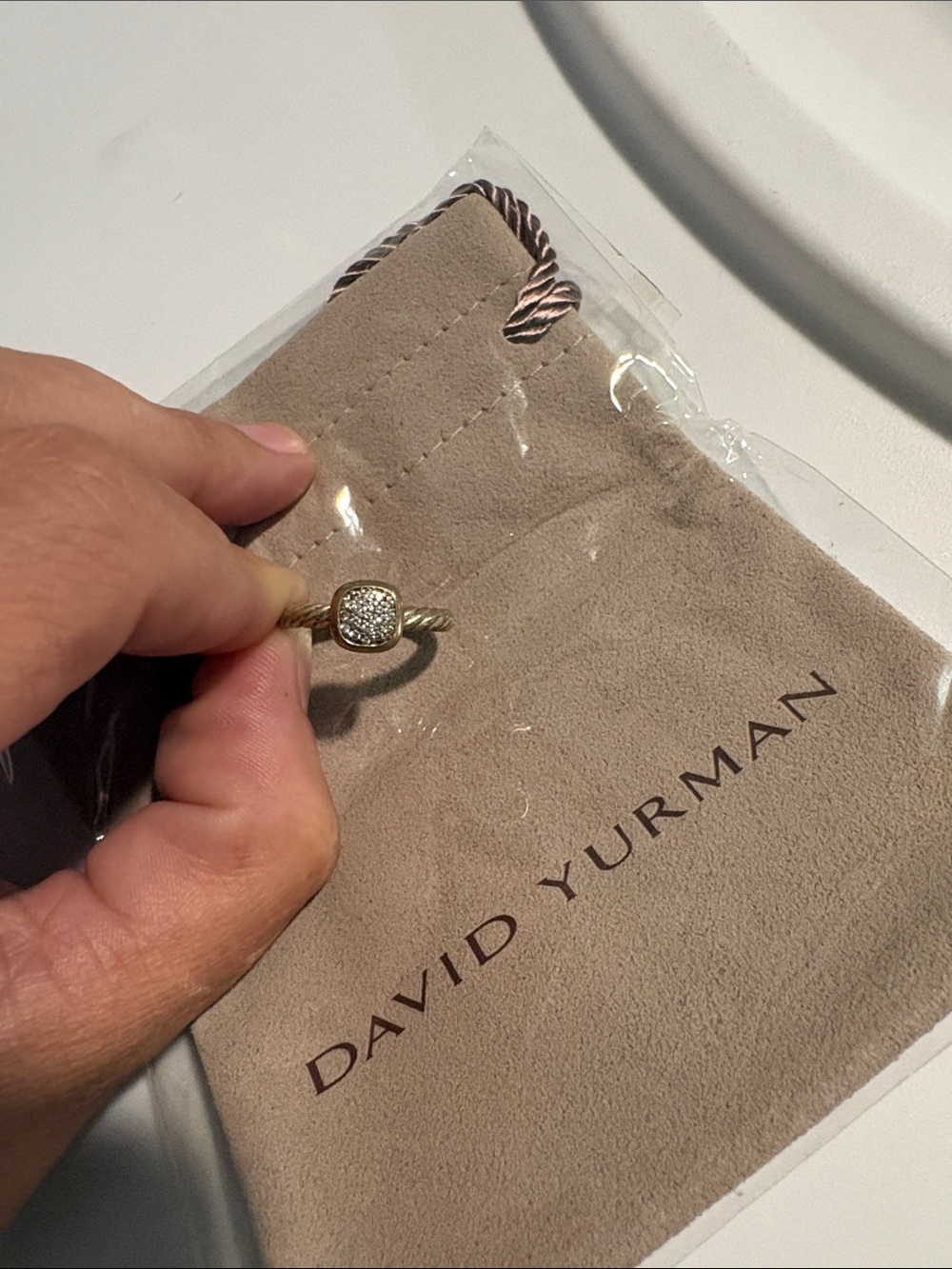 David Yurman Silver Pavé Cable Ring with Cushion Diamond Top